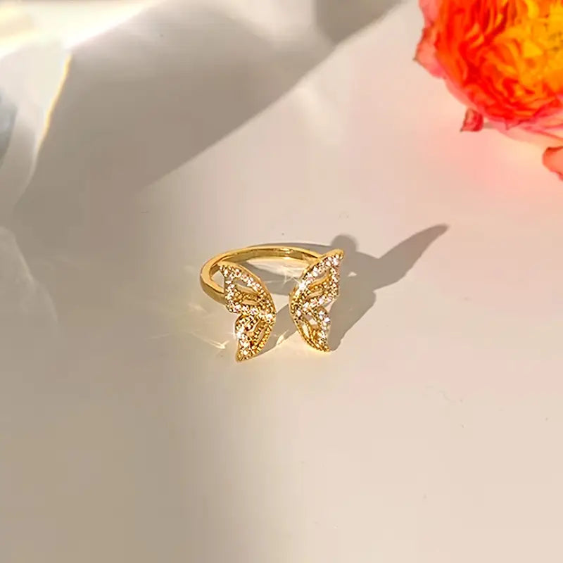 Vintage Butterfly Ring for Women, Alloy Band with Rhinestone Accents