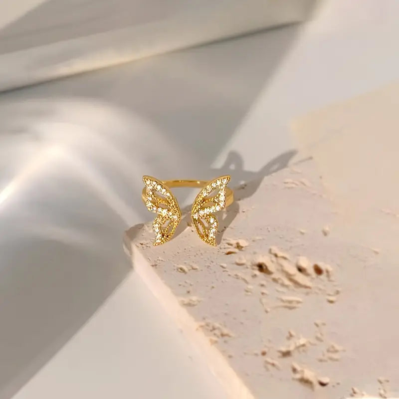 Vintage Butterfly Ring for Women, Alloy Band with Rhinestone Accents