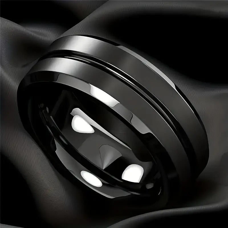 Fashionable Men's Ring Black Grooved Matte Titanium Steel Ring