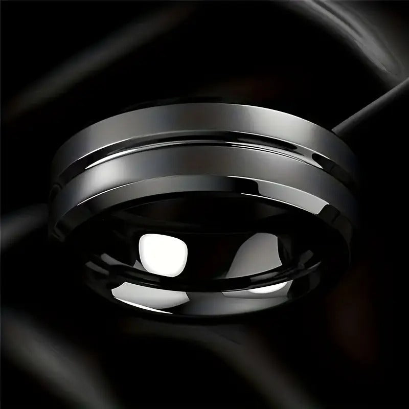 Fashionable Men's Ring Black Grooved Matte Titanium Steel Ring